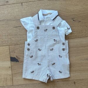 Little Me Beige Striped Overalls with White Collar